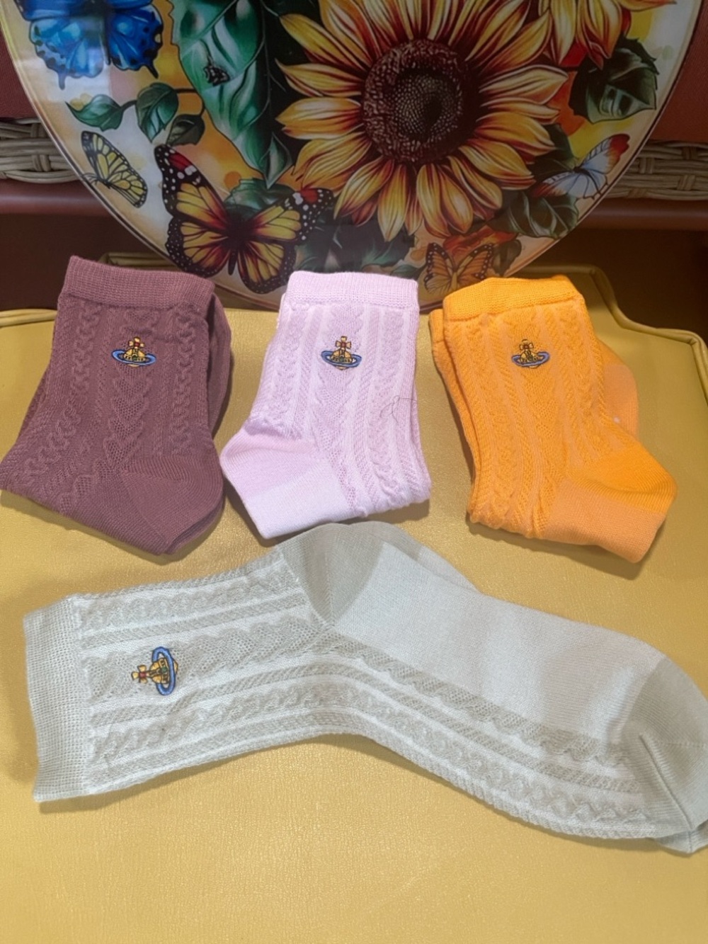 Vivienne Westwood Cable Knit Crew Socks in Mauve, Light Pink, Orange & White